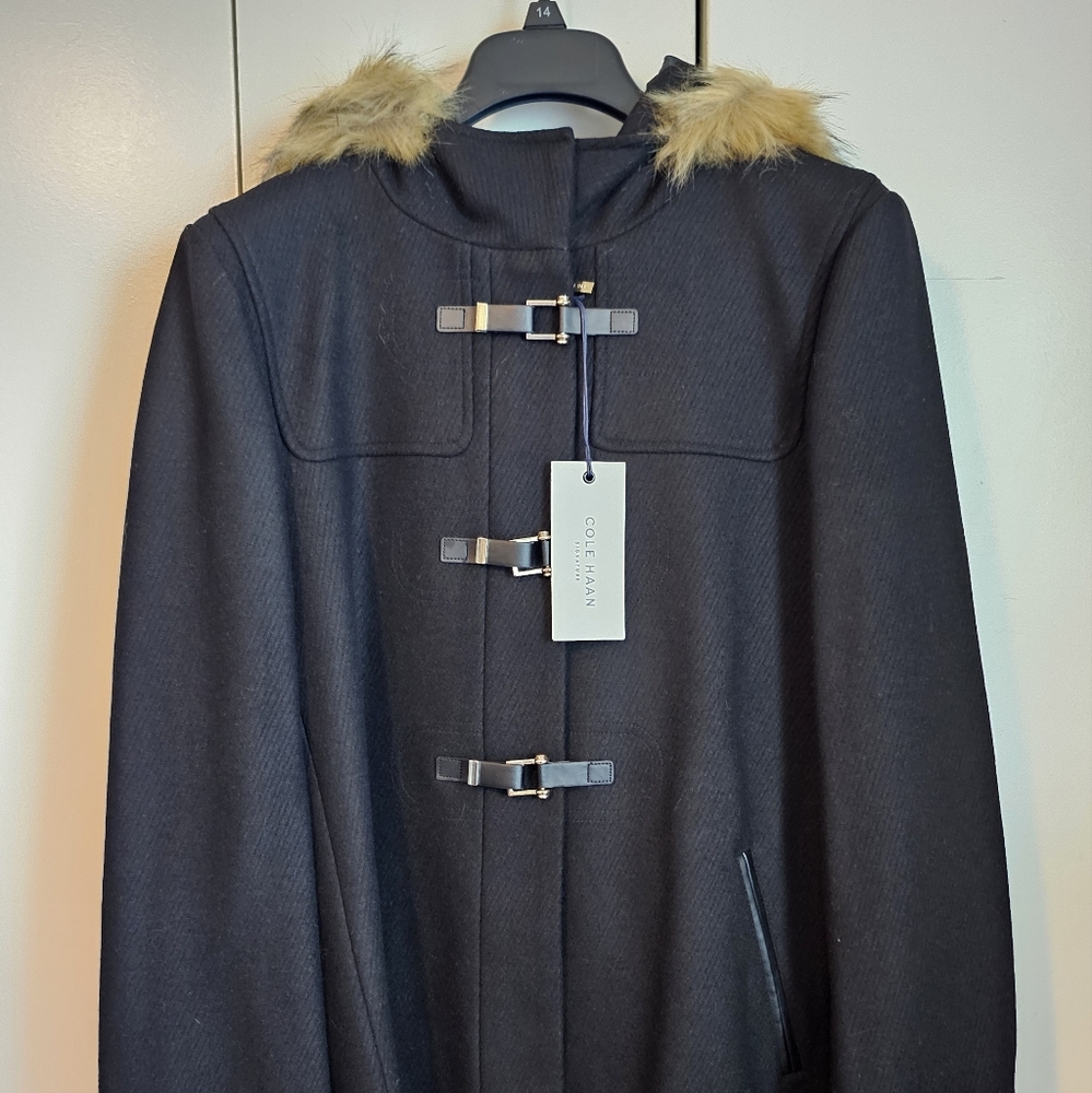 NWT Size 14 Cole Haan Hooded Faux Fur Trim Duffle Coat - Black